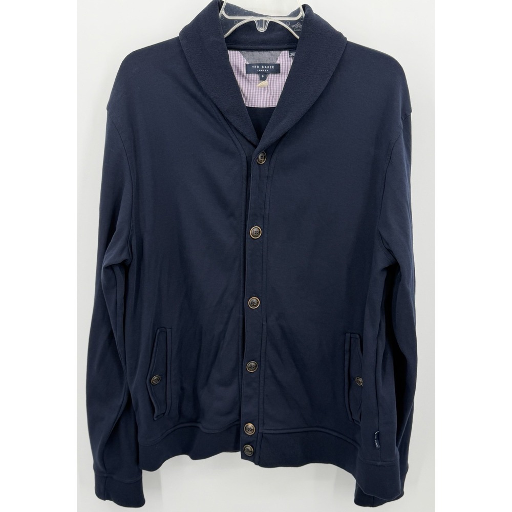 Ted Baker London‎ Cardigan Mens Uk 6 US 2XL Navy Blue Shawl Neck Classic Varsity